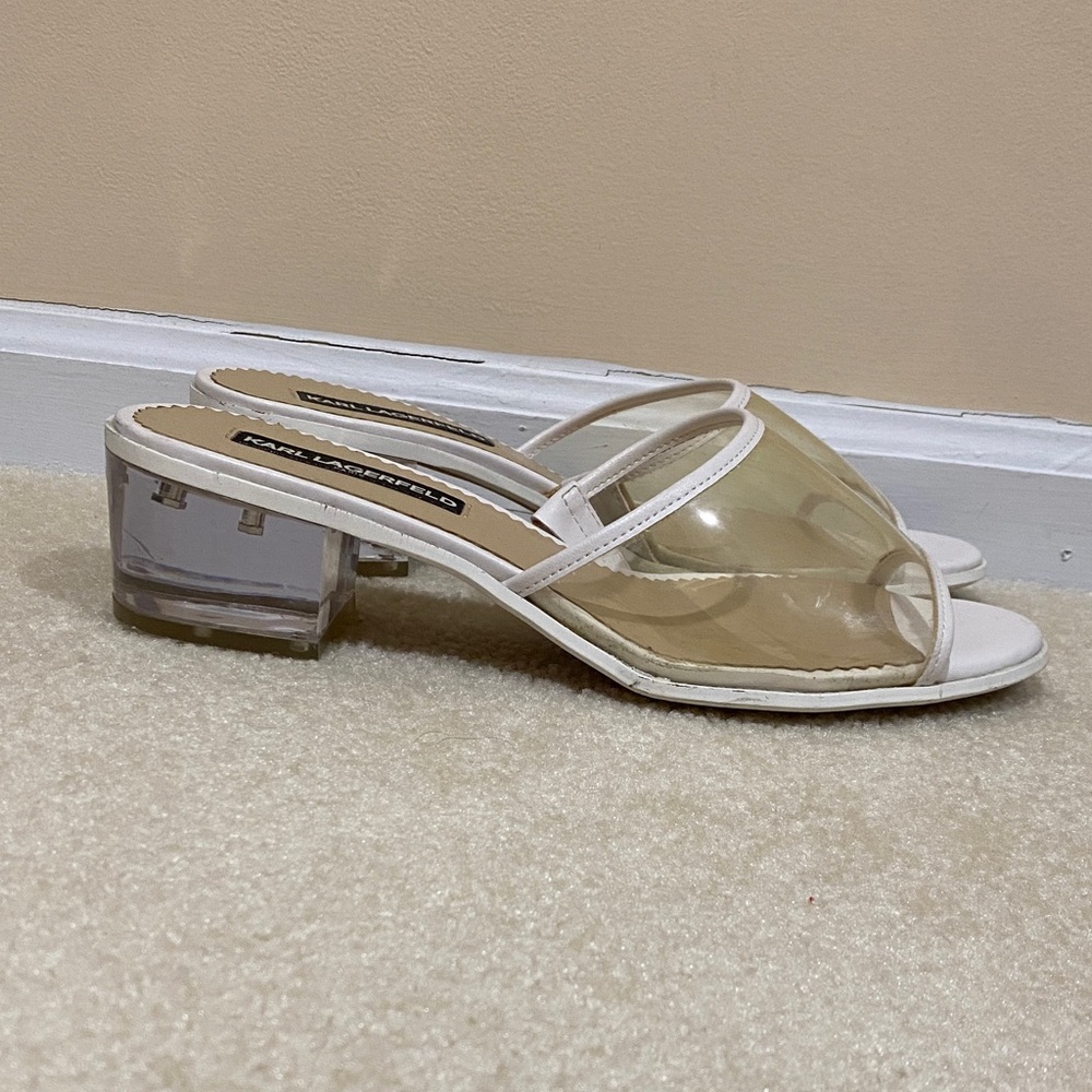 Karl Lagerfeld White Clear Vinyl Open-Toe Block Heel Mules